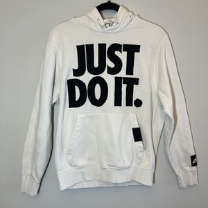 Nike Men's White Pullover Hoodie Sweatshirt Just Do It Swoosh Size Small FLAW